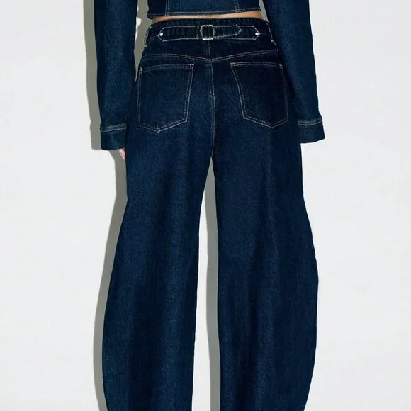 Dark Wash Casual Women's Barrel Cut Wide Leg High Waisted Jeans - Picture 2 of 5